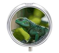 Green Lizard Pill Cases Round Pillbox with 3 Compartments Portable Travel Pill Organizer Box Mini Metal Pill Holder and Vitamin Containers for Fish Oil & Supplements