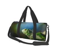 Green Lizard Print Round Duffel Bag, Canvas Overnight Travel Tote Bag, Waterproof and Tear-Resistant.Foldable Weekend Travel Bag