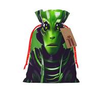 Green Long Ear Alien Print Christmas Bag Holiday Present Sack Xmas For Seasonal Decor Gift Wrapping