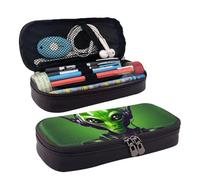Green Long Ear Alien Print Leather Flap Cosmetic Case, Cosmetic Bag, Zipper Storage Bag, Leather Flap Stationery Bag, Black, One Size