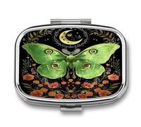 Green Luna Moth Floral Pill Box 2-Compartment Portable Pill Case Square Metal Medication Organizer Small Weekly Medication Case with Mirror Stylish Vitamin Holder for Purse Pocket Travel
