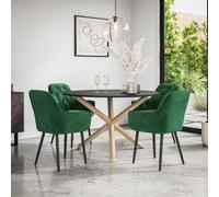 Malvern Round Dining Table And Chairs - Black Table Top w Solid Oak Legs + Anika Velvet Dining Chair Set Of 4 More4Homes Green One Size