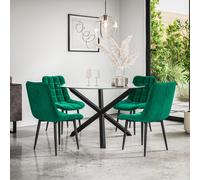 Malvern Round Dining Table And Chairs - Clear Glass Table Top w Solid Oak Black Legs + Nova Velvet Dining Chair Set Of 4 More4Homes Green One Size