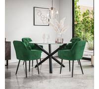 Malvern Round Dining Table And Chairs - Clear Glass Table Top w Solid Oak Black Legs + Anika Velvet Dining Chair Set Of 4 More4Homes Green One Size