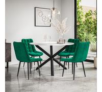 Malvern Round Dining Table And Chairs - Marble Table Top w Solid Oak Black Legs + Nova Velvet Dining Chair Set Of 4 More4Homes Green One Size
