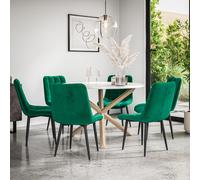 Malvern Round Dining Table And Chairs - Marble Table Top w Solid Oak Legs + Nova Velvet Dining Chair Set Of 6 More4Homes Green One Size