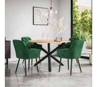 (Green) Malvern Round Oak Effect Dining Table Set Black Oak Legs w 4 Anika Velvet Chair