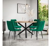 Malvern Round Dining Table And Chairs - Oak Table Top w Solid Oak Black Legs + Nova Velvet Dining Chair Set Of 4 More4Homes Green One Size