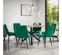 Malvern Round Dining Table And Chairs - Oak Table Top w Solid Oak Black Legs + Nova Velvet Dining Chair Set Of 6 More4Homes Green One Size