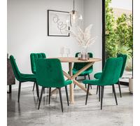 (Green) Malvern Round Oak Effect Dining Table Set w Oak Legs w 4-6 Nova Velvet Chair