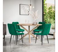 More4Homes Malvern Round Dining Table And Chairs - Oak Table Top W Solid Oak Legs + Nova Velvet Dining Chair Set Of 4 (Green)