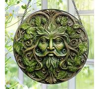Green Man Stained Glass Suncatcher, Stained Glass Window Hanging, 8 Inch Window Decor Hanging, Gift for Garden Lovers, Fathers Day Birthday Gifts for Dad Grandpa Man Bother Husband Lover