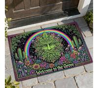 Green Man Welcome Door Mat, Bohemian Nature-Inspired Cactus Mushrooms Spring Green Washable Low Profile Doormats for Floor Home Decor for Entryway Outdoor Porch Balcony 29x17 Inch