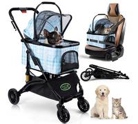 Green Mango Collapsible pet Stroller with suspenssion for Small/Medium Cats/Dogs. 3 in 1 Folding Stroller with Phone/Bottle Holder and rain Cover, car seat and Storage Basket