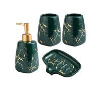 Green Marble 5-Piece Bathroom Set - Ceramic Soap Dispenser Soap Dish 2 Toothbrush Cups & Holder - Elegant Golden Marble Pattern for Stylish Home Decor