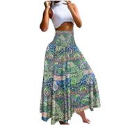 Green Maxi Skirts for Women UK Summer Boho Skirts Pleated Long Gypsy A Line Swing Elasticated Waist Summer Dresses for Beach Holiday Streetwear