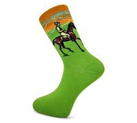 Green men’s socks with colourful horse and jockey pattern, fun novelty London design, ideal for racing fans, quirky gifts, stylish everyday wear, soft cotton, machine washable, suitable for size 6-10