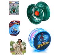 Green Metal Skill YoYo 5cm & Spiderman LED Light-Up Yo-Yo 5.5cm 2 pack Bundle Set for Kids, Responsive Beginner Trick Toy with Extra String, Fidget Activity, Birthday Gift, Indoor Outdoor Play