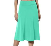 Green Midi Skirts for Women UK Elasticated Waist Skirts Ladies Pleated A Line Knee Length Jersey Pencil Casual Summer Swing for Office Work Holiday