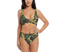Green Military Camo Bikini Set for Women Front Cross Design Push Up High Waisted Two Piece Swimsuit