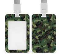 Green Military Camo ID Badge Holder Waterproof Card Protector Push-Pull Slot Work ID Card Holder with Lanyard Personalized Detachable Card Holders for Office Corporate Use