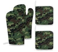 Green Military Camo Oven Mitts and Pot Holders Sets 4PCS Heat-Resistant Cooking Gloves & Potholders with Hanging Loop for Baking Grilling BBQ Home Kitchen Essentials