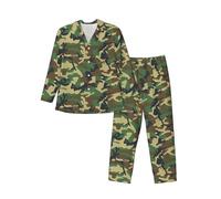 Green Military Camo Print Mens Set Pajamas Sleepwear, Long Sleeve Button Down Lounge Sets With Pockets, Black, XL