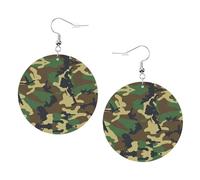 Green Military Camo Printed Faux Leather Earrings Set For Women, 1 Pair Lightweight Dangle Drop Pierced Earrings Jewelry Gifts For Women