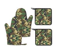 Green Military Camo Printed Kitchen Set with Heat Resistant Oven Mitts & Non-Slip Pot Holders for Baking Grilling