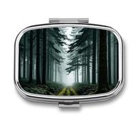 Green Mist Forest Pill Box 2 Compartments Portable Travel Pill Case Mini Medicine Organizer for Pocket Purse Metal Waterproof Medicine Container Holder Vitamin Fish Oil