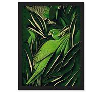 Green Modern Vintage Retro Abstract Jungle Tropical Leaves Parrots Illustration Artwork Framed Wall Art Print A4 Artery8 Black One Size
