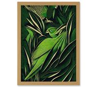 Green Modern Vintage Retro Abstract Jungle Tropical Leaves Parrots Illustration Artwork Framed Wall Art Print A4 Artery8 Light Oak One Size