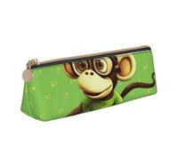Green Monkey Printed Zipper Pencil Case Cute Stationery Organizer PVC Leather Triangle Makeup Bag Pen Pouch