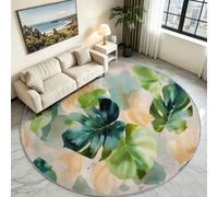 Green Monstera Leaf Round Rug 180 cm, Tropical Ink Wash Hallway Carpet | Low Profile Anti-Skid Circle Runner, Botanical Plant Floor Mat for Entryway, Kitchen & High Traffic Corridors
