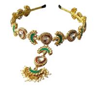 Green Moon Jadau Kundan Sheeshphool Bridal Headpiece Indian Headband with Attached Tikka/Borla/Bodla Matha patti Maang tikka Hair Accessory Wedding Forehead Jewelry