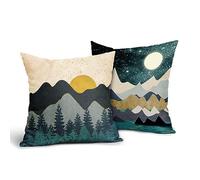 Green Mountain Pillow Covers 16x16 Inch Set of 2 Tree Nature Landscape Sunset Forest Decorative Outdoor Throw Pillow Covers Modern Linen Square Cushion Covers For Sofa Couch Bedroom Indoor Home Decor