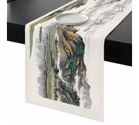 Green Mountain Stream Table Runner 72 Inches Long, Oriental Traditional Ink Painting Chinese Washable Table Runners Heat-Insulation Kitchen Dining Table Decorations for Home Party Decor, 13"x72"