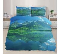 Green Mountains Duvet Cover King Size,Mountain Reflections Bedding Set for Kids Teens Couple Adults Room Decor,Natural Landscape Comforter Cover 2 Pillowcase,No Comforter