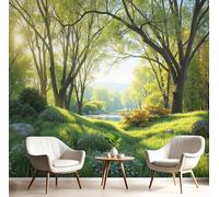 Green Mural Photo Wallpaper,Sunshine Forest Wallpaper for Living Room Tv Backdrop Office,3D Effect Spring Scenery Large Wall Mural Paper Decoration Poster Picture,300X210Cm