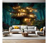 Green Mural Wallpaper Forest Tree House Non-Woven Art Print 390 x 260cm Wall Murals Poster Picture Design Modern Decoration for Bedrooms Living Room Children Nursery