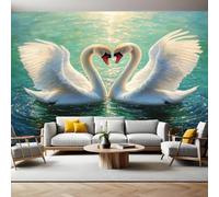 Green Mural Wallpaper Two Loving Swans Non-Woven Art Print 390 x 260cm Wall Murals Poster Picture Design Modern Decoration for Bedrooms Living Room Children Nursery