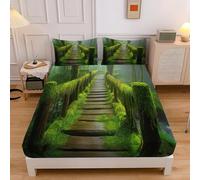 Green Natural Landscape Fitted Sheet King Size Bed Woodland Bridge 3D Fitted Sheets Deep Pocket 12 inch 30 cm Bottom Sheet Ultra Soft Microfibre Bedding Set with 2 Pillowcases a.8848
