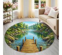 Green Natural Landscape Round Rug, 60 cm Carpet for Kids Boys Girls | Soft Non-Slip Backing Carpet, Forest River Rocks Plants Boardwalk Machine Washable Area Rug for Playroom Classroom Bedroom
