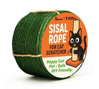 Green Natural Sisal Rope for Cat Scratcher Tree Thick 5-mm 1/5 Inch by 150 Feet, Cat Tower Climbing Twine for Cat Scratching Post Replacement, Scratch Post Repairing, Replace, Recovering and DIY