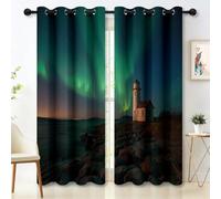 Green Nature Blackout Curtain, Coastline Tower Northern Lights Patterned Eyelet Curtains, Wrinkle Free Thermal Insulated Window Drapes for Teens Children Adults Bedroom, W 66" x L 90" (2 Panels)