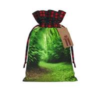 Green Nature Print Xmas Drawstring Gift Bag Reusable For Christmas Festive Needs Wrapping Bags