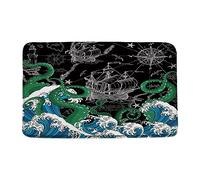 Green Nautical Octopuses Kraken Tentacles Blue Ocean Wave Lighthouse Sailboat Map Black Cool Floor Mats Washable Bath Rug Heavy Duty Bathmat For Outdoor Shower Living Room 40X60Cm