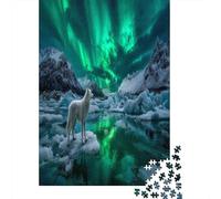 Green Northern Lights Jigsaw Puzzles for Adults And Kids. 1000 Pieces White Arctic Wolf Whimsical Challenge Toy Educational Game Home Decor 70x50cm/1000pcs