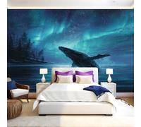 Green Northern Lights Panoramic Mural Wallpaper 390 x 260 cm Ocean Whales Wall Mural Non-Woven Art Print Wallpaper Living Room Bedroom Sofa TV Backdrop Decoration Poster Picture Photo