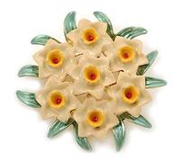 Green/Nude/Yellow Enamel Daffodil Wreath Brooch In Gold Plating - 45mm Diameter